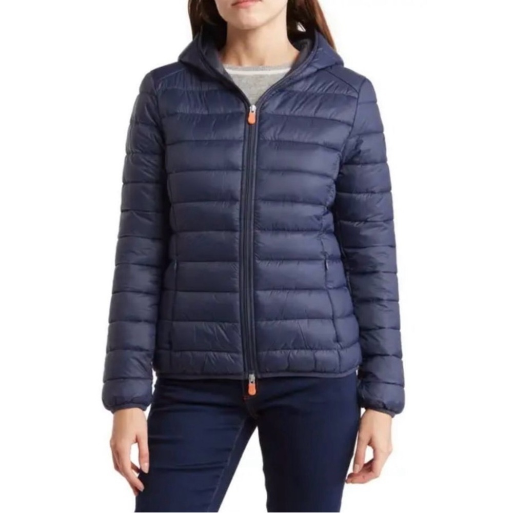SAVE THE DUCK Navy Daisy Packable Puffer Hoodie Ultra Light Jacket Size Large